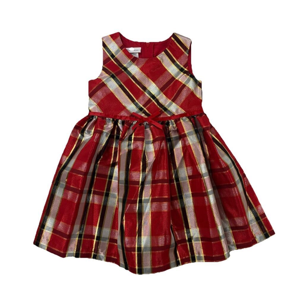 Bonnie Jean Girls Red Plaid Holiday Dress Metallic Gold 4T Christmas Party